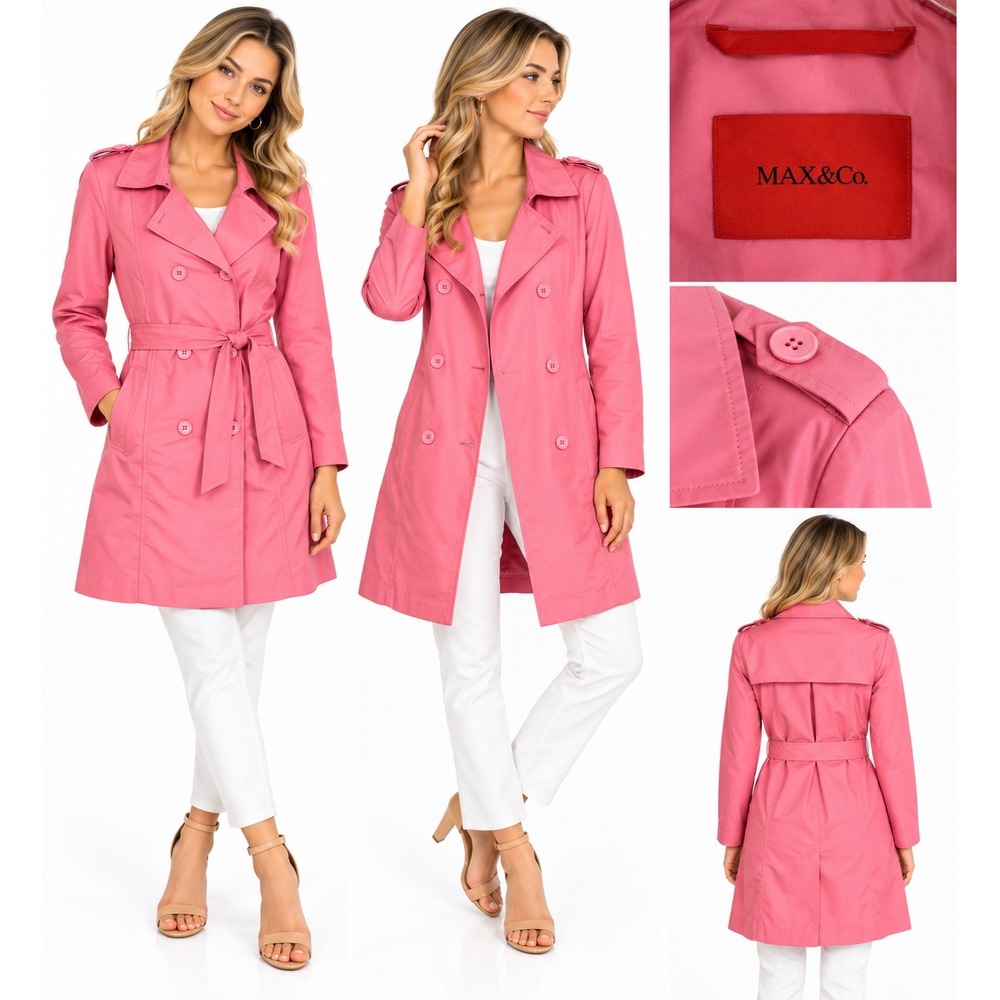 MAX&Co Womens Trench Coat Pink Double Breasted Belted Epaulet Jacket Classic